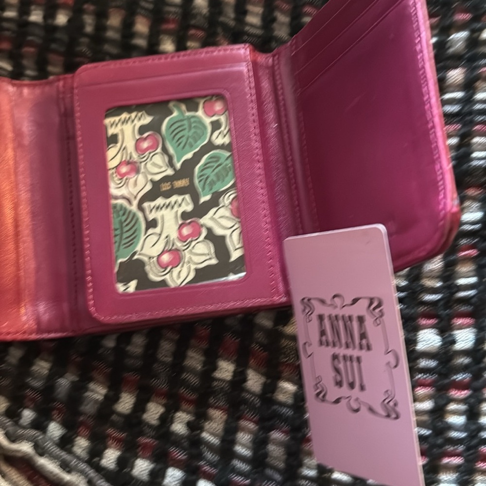 ♥️Great USED Condition Anna Sui Cherry Heart Embellished Red Leather Wallet - Picture 16 of 16